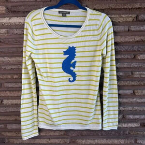 Tommy Bahama Green Nautical Stripe Blue Seahorse Lightweight Sweater Size Medium
